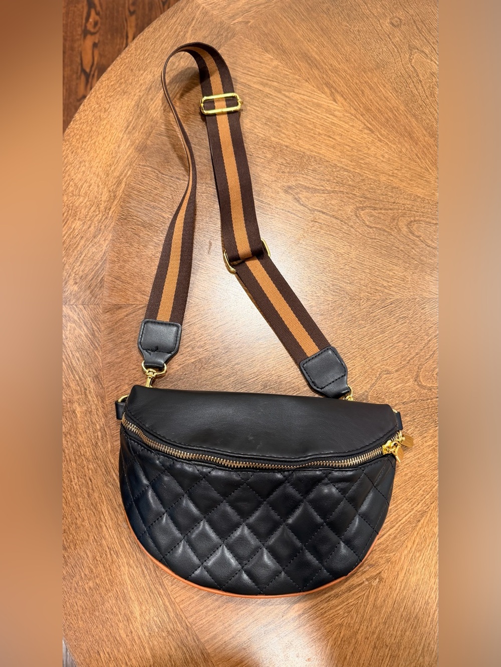 Quilted Black Leather Crossbody Belt Bag with Striped Strap